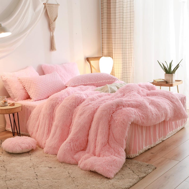 HAIHUA Fluffy Pink Comforter Cover Queen Set, Soft Furry Shaggy Pink Bedding Queen Set 3 Pieces (1 Fuzzy Duvet Cover + 2 Faux Fur Pillow Cases) Fluffy Bed Set, Zipper Closure - Image 2